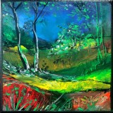 Pictură originală ulei pe p&acirc;nză &bdquo;Doi copaci la marginea poienii&rdquo; 20x20 cm, pe șasiu. Certificat cu semnătura și ștampila artistului