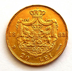 Moneda rara 20 Lei 1883 B, Carol I | Aur 22k | Romania foto