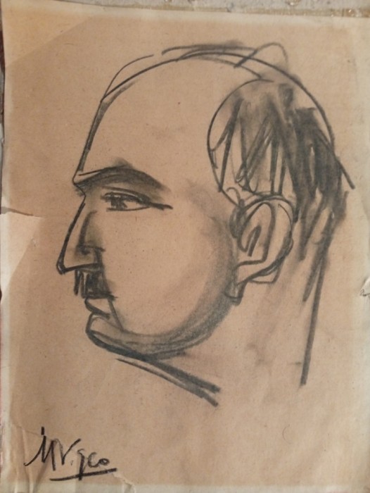 Mihu Vulcănescu 1960 Profil de bărbat desen &icirc;n cărbune