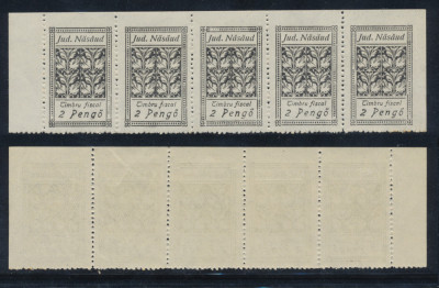 Romania Ardealul de Nord 1945 timbru fiscal local Nasaud rarisim 2 Pengo in streif de 5, asa cum a fost emis, MNH. A fost in uz doar doua luni! foto