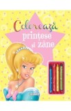 Cumpara ieftin Carte de Colorat Printese si Zane pentru Copii, cu 4 Creioane Cerate Incluse, Ilustratii Alb-Negru