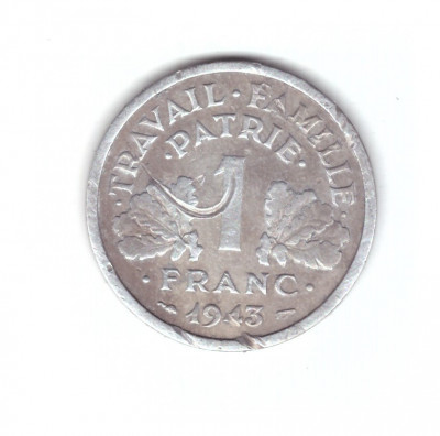 Moneda Franta 1 franc 1943, zgariata, curata foto