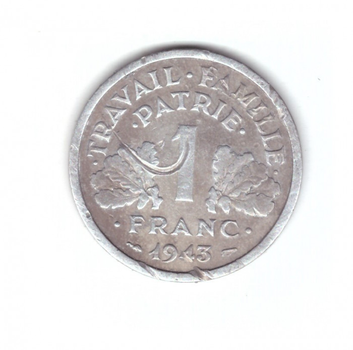 Moneda Franta 1 franc 1943, zgariata, curata