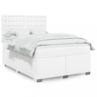 vidaXL Pat box spring cu saltea, alb, 140x190 cm, piele ecologică 3290721 foto