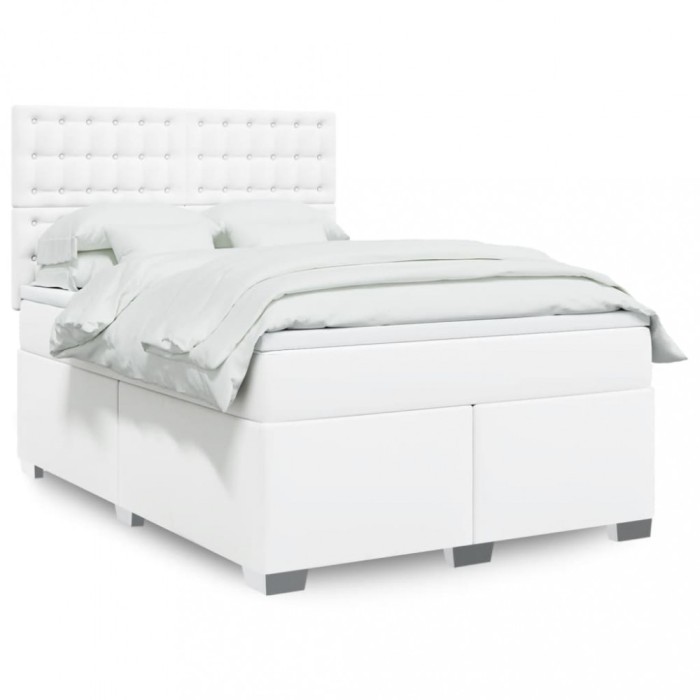 vidaXL Pat box spring cu saltea, alb, 140x190 cm, piele ecologică 3290721