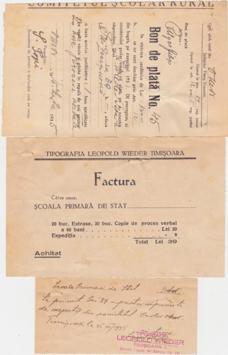 Tipografia Leopold Wieder Timisoara Factura 1935