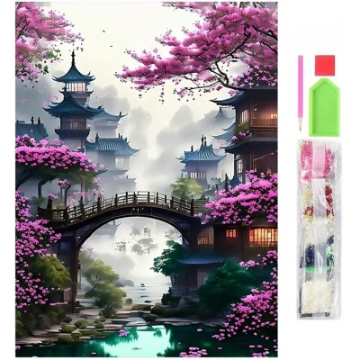 Set de broderie cu diamante 5D, model Japonia, 30x40 cm, accesorii incluse, multicolor foto