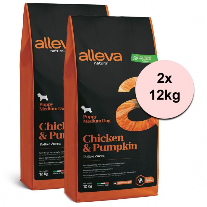 Alleva NATURAL dog chicken &amp;amp; pumpkin puppy medium 2 x 12 kg