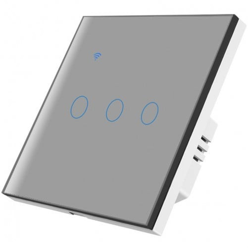 Intrerupator smart touch iUni 3F, Wi-Fi, Sticla securizata, LED, Silver