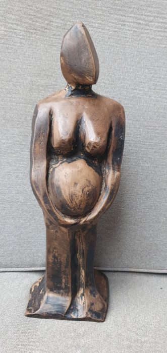 Scultptura hand made vintage din ceramica lut ars femeie insarcinata, 31x9x8 cm
