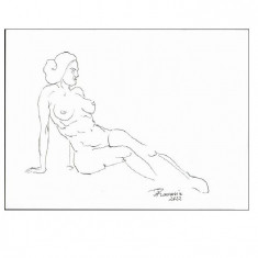 E32. Tablou, Nud sezand, stil minimalist, grafica tus, ne-inramat, 21 x 29 cm