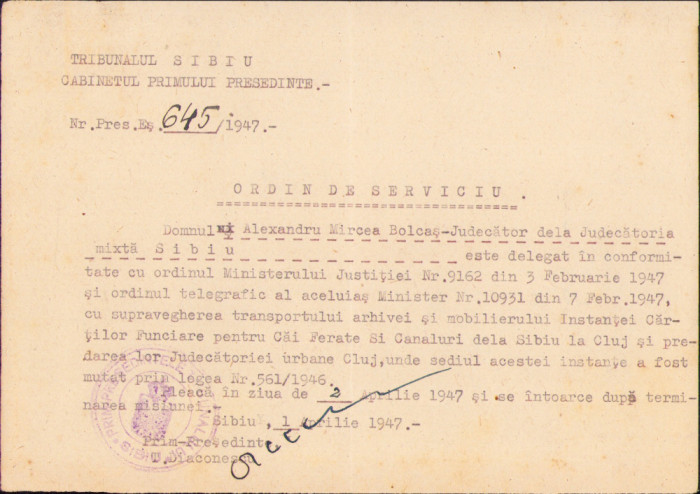 HST A1410 Ordin de serviciu 1947 Tribunalul Sibiu transport arhivă la Cluj