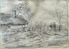 Desen Creion Iosif Steurer (1885-1971): Casa Veche cu Adăpătoare, 32x24cm, Ramă Lemn