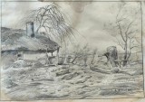 Cumpara ieftin Desen Creion Iosif Steurer (1885-1971): Casa Veche cu Adăpătoare, 32x24cm, Ramă Lemn
