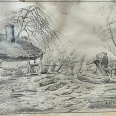 Iosif Steurer (1885-1971)-Casa veche cu adăpătoare, desen în creion
