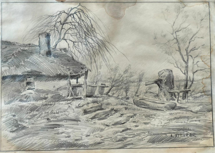 Iosif Steurer (1885-1971)-Casa veche cu adăpătoare, desen &icirc;n creion