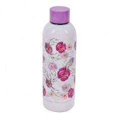 Sticla termos din inox, model floral, perete termoizolant dublu, capac cu filet, culoare alba, capacitate 540 ml foto