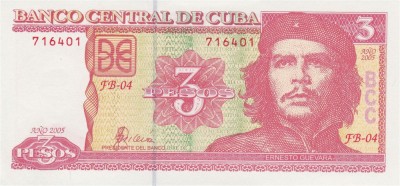 CUBA █ bancnota █ 3 Pesos █ 2005 █ P-127b █ UNC █ foto