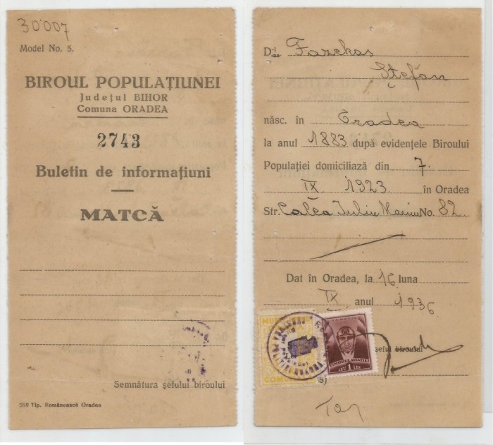 Romania, Biroul Populatiunei, Judetul Bihor, Buletin de informatiuni, Oradea, 1936