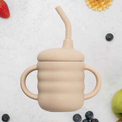 Cana din silicon cu pai, AppeKids - Bubble Beige foto