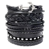 Set 6 bratari cu multiple straturi JustZEN pentru barbati din piele naturala neagra cu ancora inchidere ajustabila