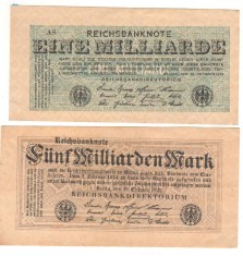 SV * Germania LOT 1000000000 + 5000000000 / EINE MILLIARDE + FUNF MILLIARDEN MARK 1924 , 1 Februarie +/- VF