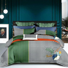 Lenjerie de pat pentru o persoana cu husa elastic pat si fata perna patrata, Azalia, bumbac mercerizat, multicolor