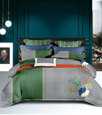 Lenjerie de pat pentru o persoana cu husa elastic pat si fata perna patrata, Azalia, bumbac mercerizat, multicolor foto
