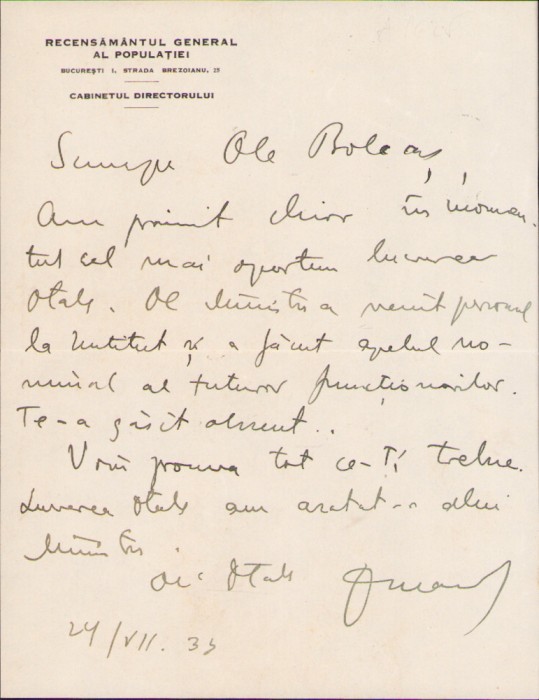 HST A1574 Scrisoare 1933 Sabin Manuilă către Lucian Bolcaș