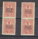 1918 - MVIR, supratipar pe taxa plata- timbre de ajutor, 10 bani rosu, 2 perechi, Nestampilat