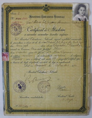 LICEUL ORTODOX INT. &amp;#039; GRIGORE SI ALEXANDRINA CANTACUZINO &amp;#039; , CERTIFICAT DE ABSOLVIRE A CURSULUI SECUNDAR TEORETIC IINFERIOR , 1942 foto