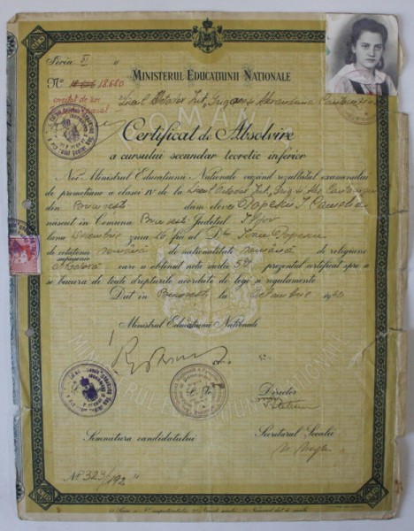 LICEUL ORTODOX INT. &#039; GRIGORE SI ALEXANDRINA CANTACUZINO &#039; , CERTIFICAT DE ABSOLVIRE A CURSULUI SECUNDAR TEORETIC IINFERIOR , 1942