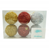 Set de 6 ornamente de brad, Flippy, de tip Glob, Multicolor, cu &oslash; de 8 cm, din polistiren, cu finisaj sclipitor , cutie 16 cm inaltime x 24 cm lungime