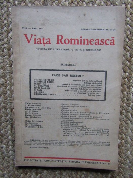 VIATA ROMANEASCA 1934 ANUL XXVI NOEMBRIE-DECEMBRIE NR 21-24
