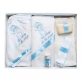 Trusou Botez 6 piese personalizat cu broderie - &quot;Cu drag de la Nasi&quot; - Ingeras - ALB - BLEU- TB115