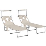 Outsunny Set de 2 șezlonguri pliante reclinabile cu copertină 360&deg; orificiu facial buzunar lateral și Textilene 550 g/m&sup2; bej | Aosom Romania