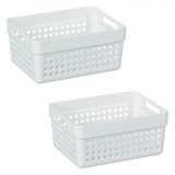 Set Coșuri Depozitare Plastic, Model Perforat, M&acirc;nere, Capacitate 1.25L, 2 Bucăți, Alb, Oem