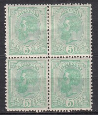 ROMANIA 1900/1906 LP 54 e REGELE CAROL I SPIC DE GRAU FARA FILIGRAN VALOAREA 5 BANI VERDE INCHIS BLOC DE 4 TIMBRE STARE MNH/SARNIERA