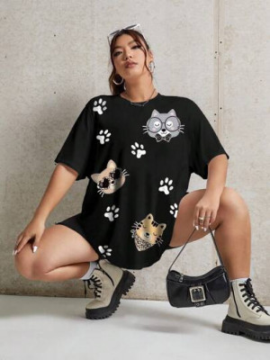 Tricou cu imprimeu pisici, negru, dama, Shein foto