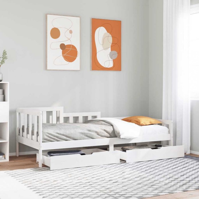 Gossi pat de zi cu sertare, alb, 90x190 cm, lemn masiv pin