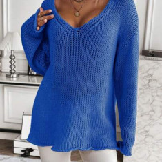 Pulover din tricot, cu decolteu, albastru, dama