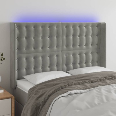 vidaXL Tăblie de pat cu LED, gri deschis, 147x16x118/128 cm, catifea 3124530 foto