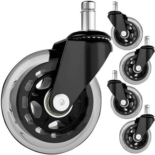 Set 5 roti de rezerva pentru scaun de birou, diametru 7,5 cm, ax 11 mm, cauciuc si metal