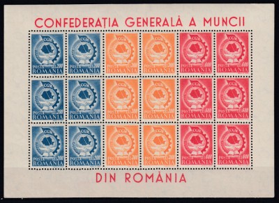 ROMANIA 1947 LP 209 a CONFEDERATIA GENERALA A MUNCII IN BLOC DE 6 SERII MNH foto