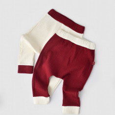 Set 2 pantaloni Ribana Bebe Unisex din bumbac organic si 5%elastan - Ecru/Bordo, BabyCosy (Marime: 18-24 Luni)