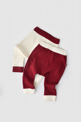 Set 2 pantaloni Ribana Bebe Unisex din bumbac organic si 5%elastan - Ecru/Bordo, BabyCosy (Marime: 18-24 Luni) foto