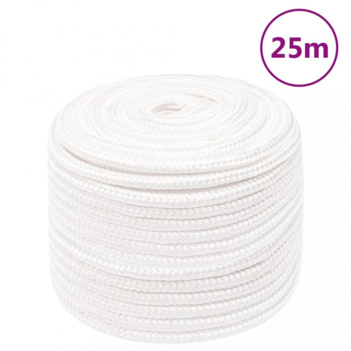 vidaXL Fr&acirc;nghie de barcă, alb complet, 14 mm, 25 m, polipropilenă