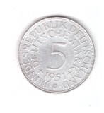Moneda Germania 5 mark/marci 1951 D, stare foarte buna, curata, Europa, Argint