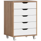 Vinsetto Corp mobil de birou, mobilier de depozitare pe roți, 5 sertare, 47,5 x 39,5 x 67,5 cm, alb și stejar | Aosom Romania