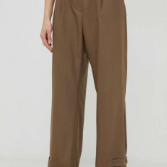 Herskind pantaloni din lana Logan femei, culoarea maro, lat, high waist